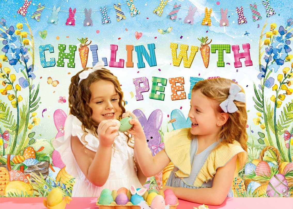 Detalle de Easter Bunny Backdrop Spring Bunny “Chillin with My Peeps” Vinyl Photoshoot Background (7x5FT)