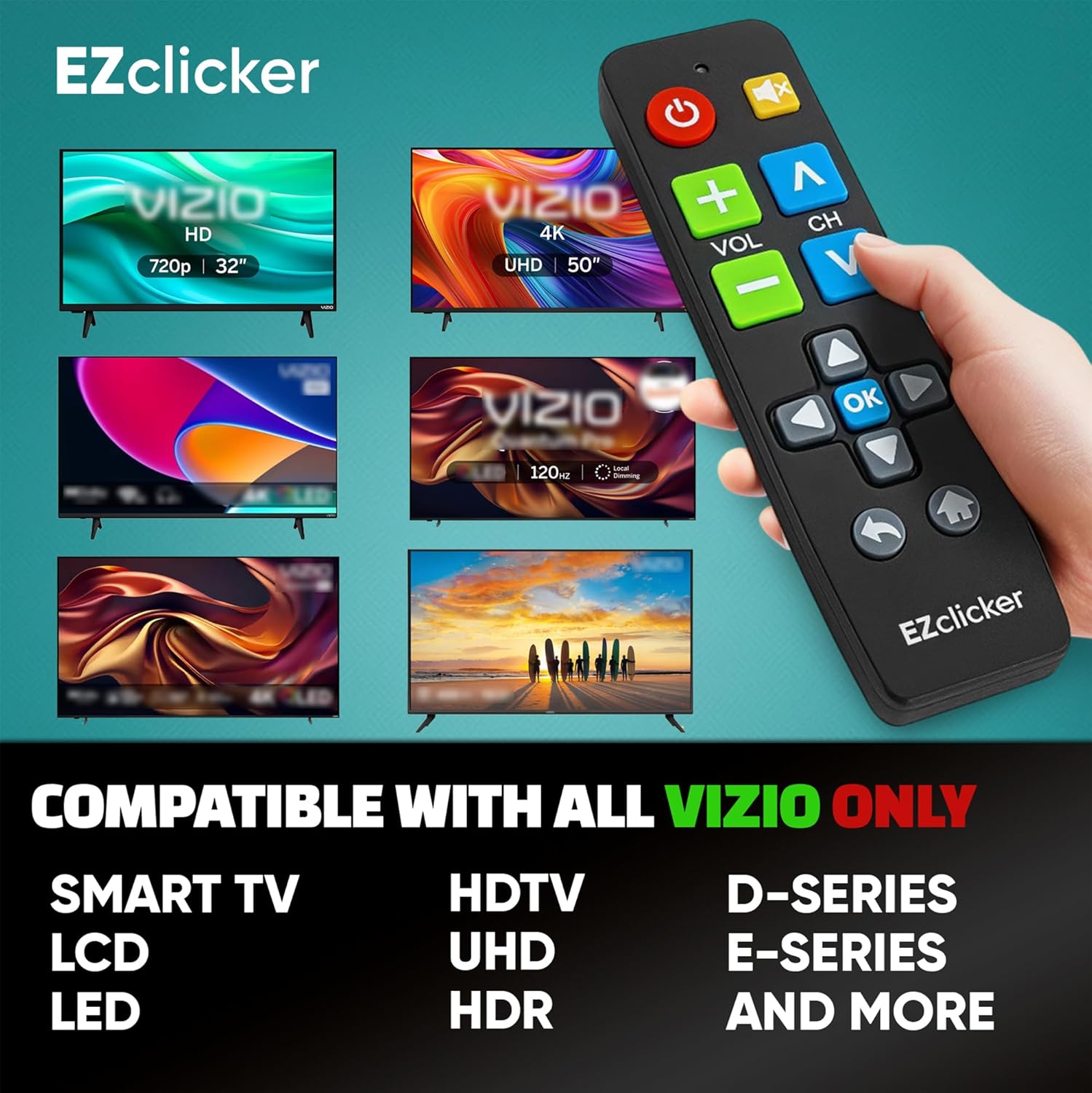 Detalle de Vizio Replacement TV Remote with Big Buttons for Vizio TVs — Easy, No-Setup (Black)