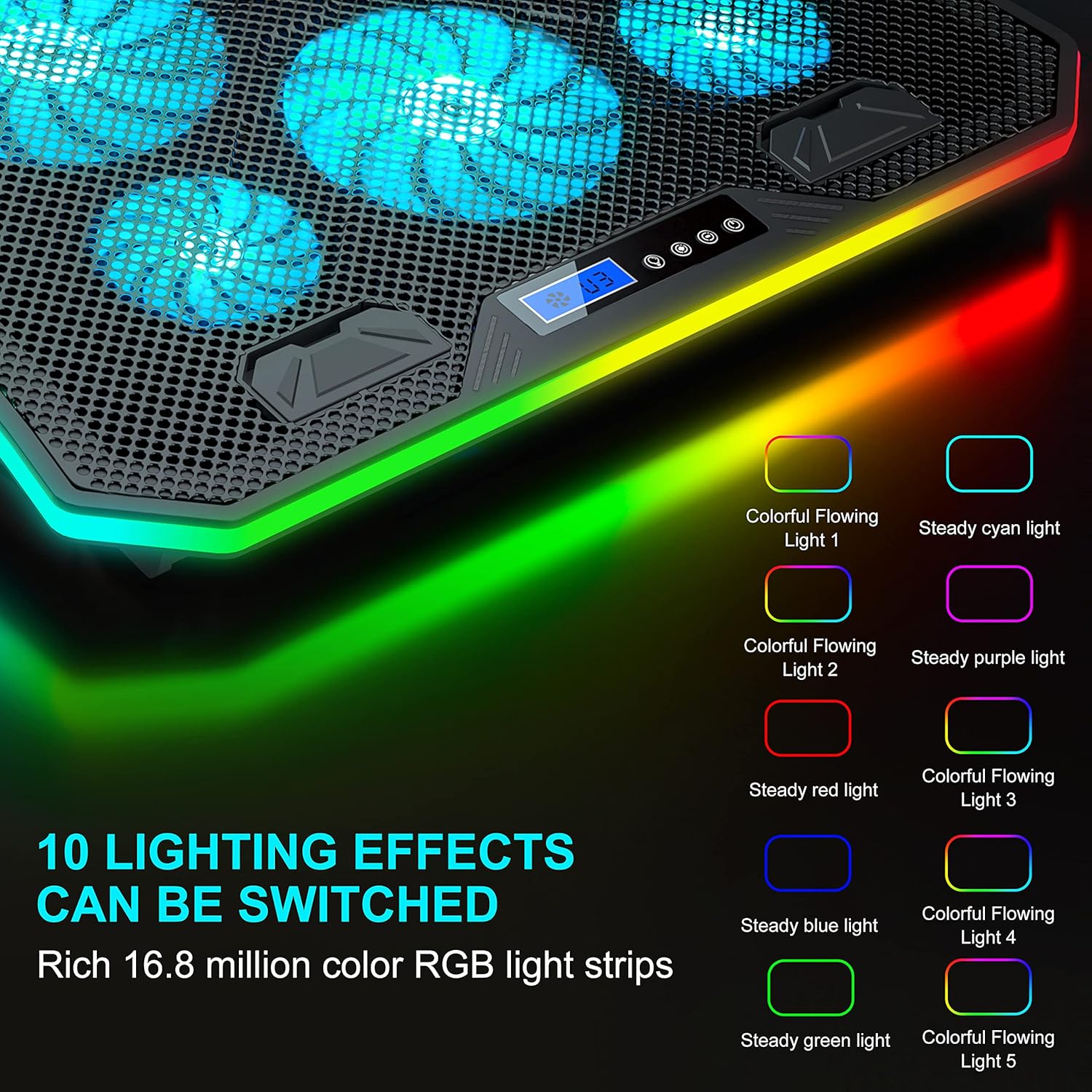 Detalle de TopMate C12 Laptop Cooling Pad RGB Gaming Cooler for 15.6–17.3 Inch Laptops