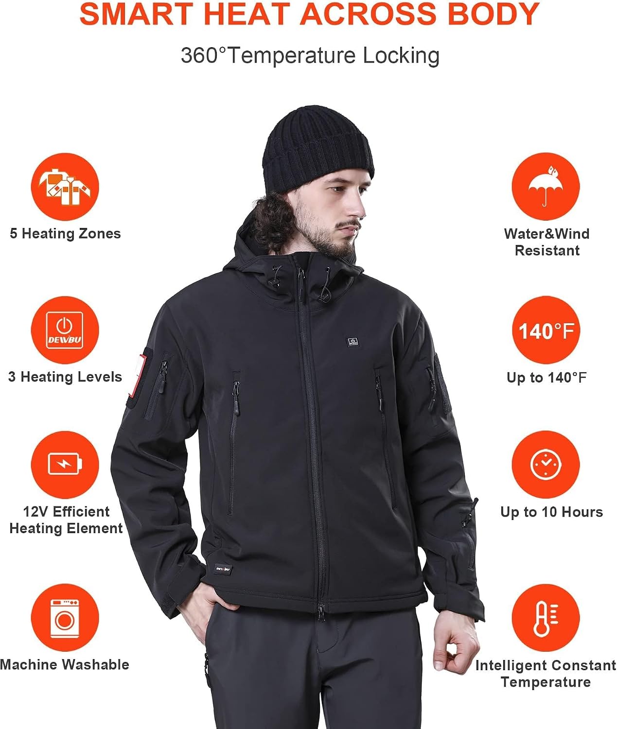 Detalle de DEWBU DB-0125 Heated Jacket for Men, 12V, 5 Zones, Olive Green