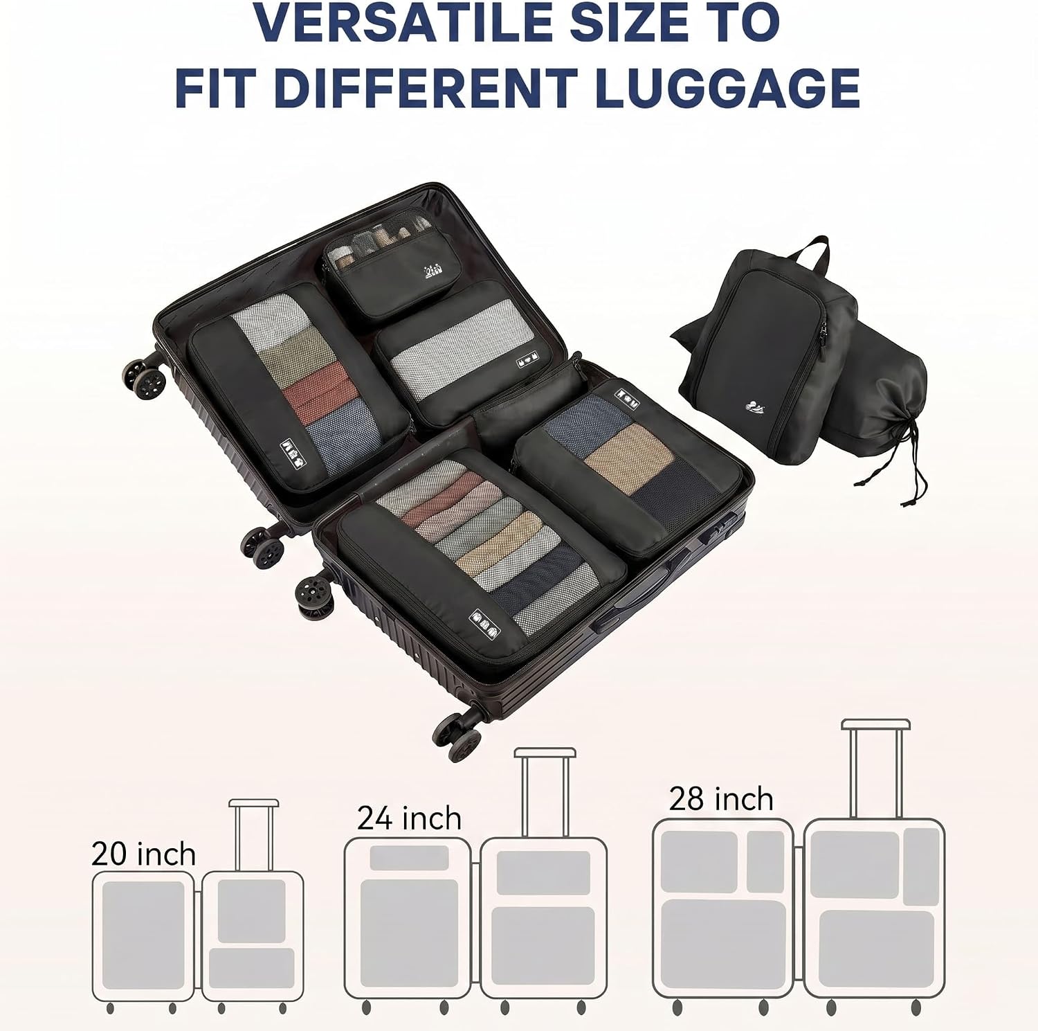 Detalle de MURISE Koffer Organizer 8-teilig: Packing Cubes & Taschen-Set für Urlaub und Reisen, Schwarz