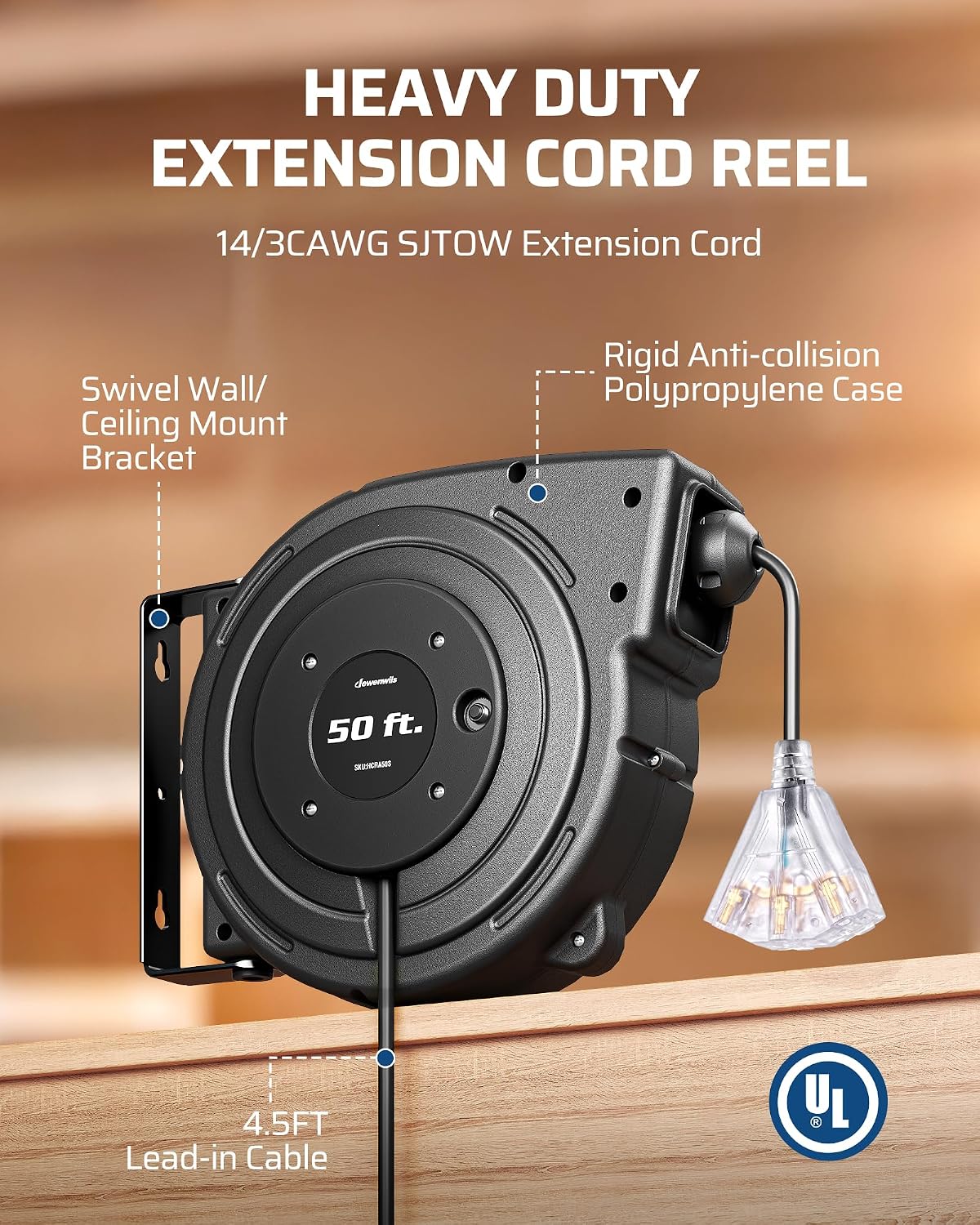 Thumbnail 5 de DEWENWILS DL-610 Retractable Extension Cord Reel, 50-Foot, 3 Outlets