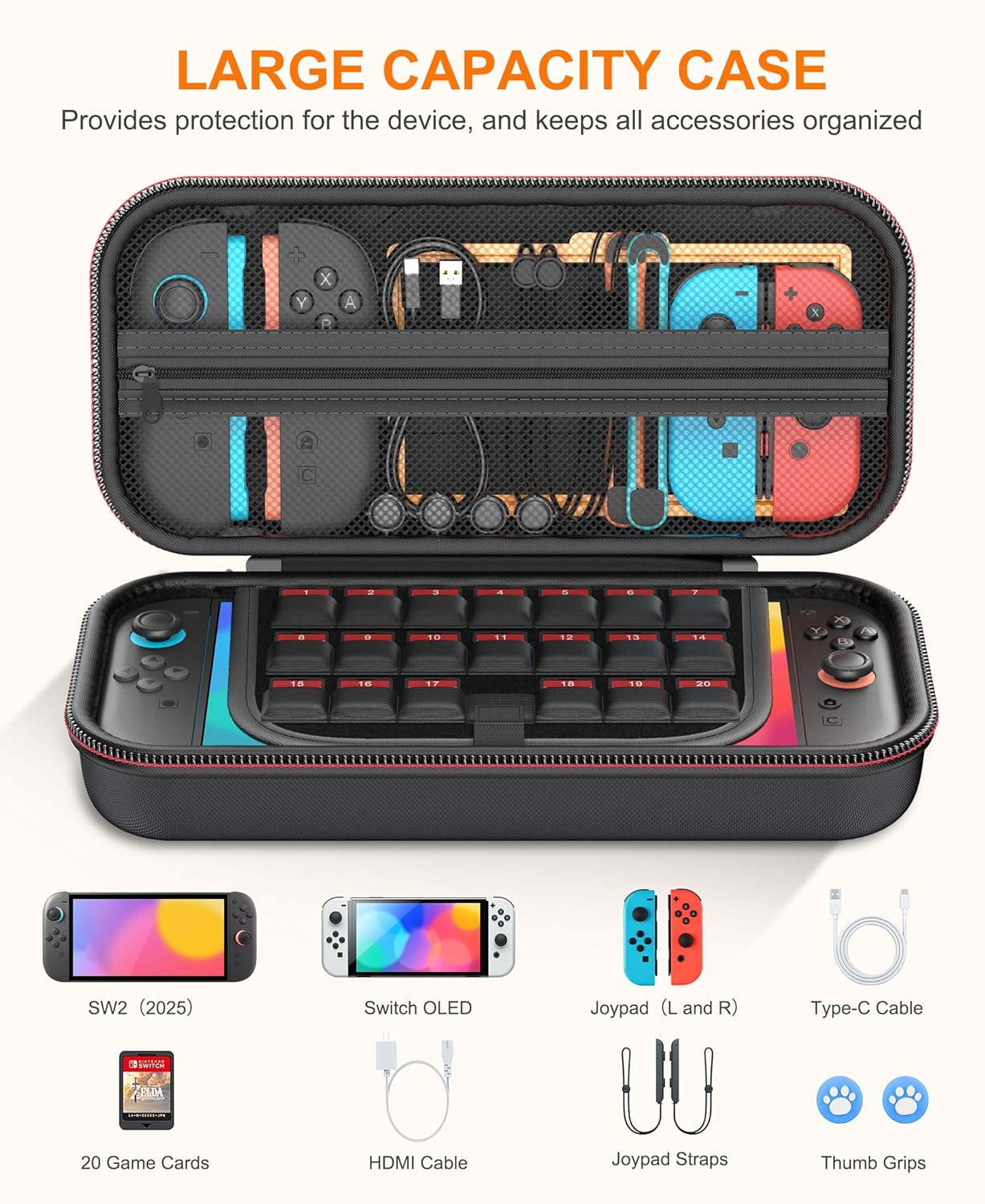 Detalle de HASACOOL Switch 2 Tasche – Schutzhülle für Nintendo Switch, Switch OLED und Switch 2 mit 20 Kartenfächern