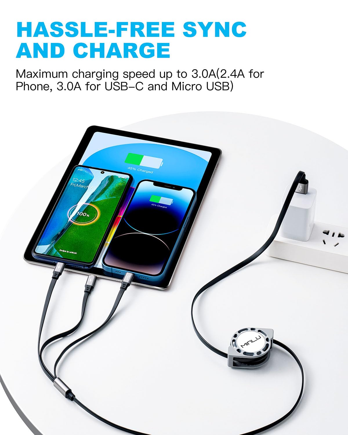 Thumbnail 1 de Multi Charging Cable 3A 4ft Retractable 2Pack