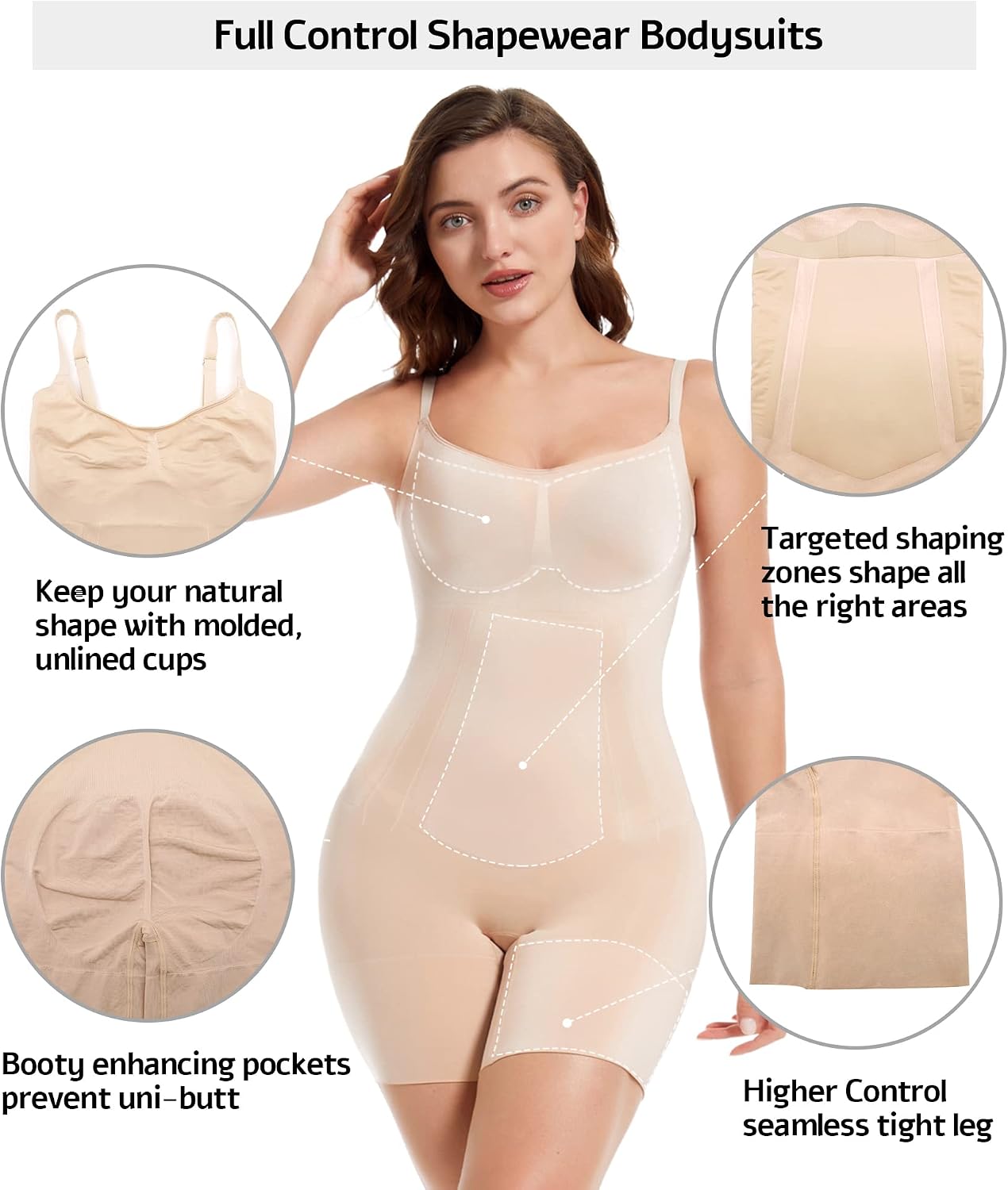 Detalle de SHAPERX Women Body Shaper Tummy Control Seamless Open Bust Mid-Thigh Bodysuit