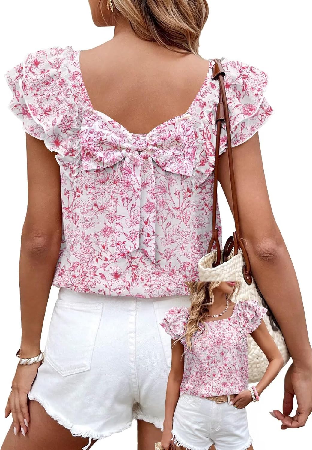 Detalle de Falechay Women’s Bow Tie Back Top – Round Neck, Ruffle Short Sleeve Babydoll Chiffon Tee