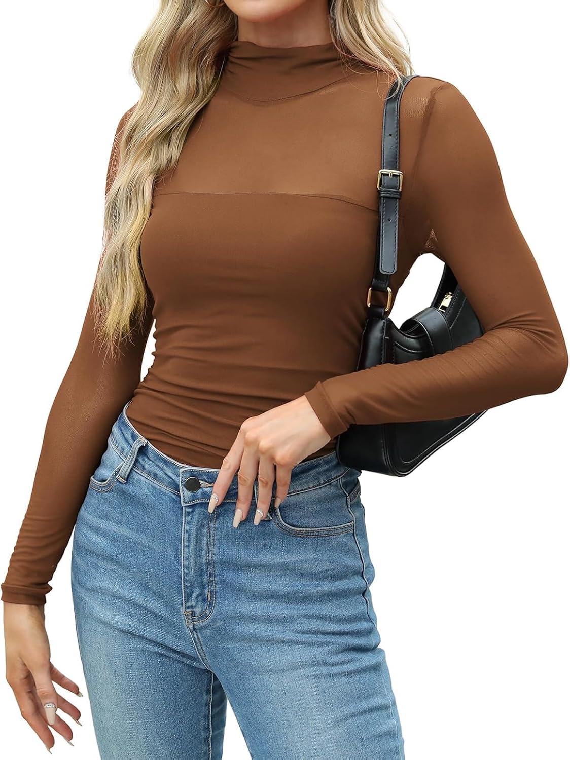 Detalle 2 de Zeagoo Mesh Oberteil Damen – Transparentes Langarm Shirt, Slim Fit