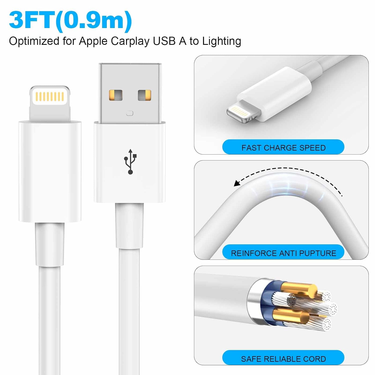 Detalle de Car Apple Carplay Cable: USB A to Lightning, 3FT for iPhone CarPlay