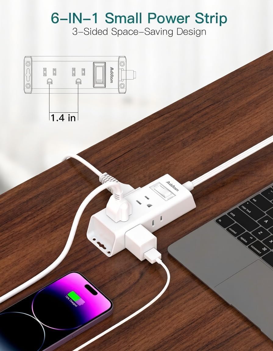 Detalle de Addtam AD308 Flat Plug Power Strip, 6 Outlets, 1 ft Cord