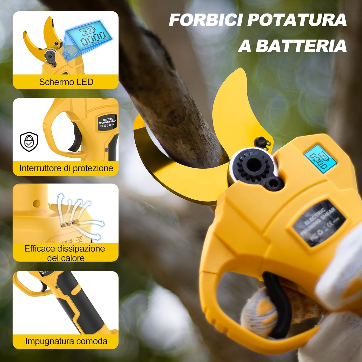 Detalle de Forbici Potatura a Batterie 40-50 mm Brushless con LCD – Cesoie Elettriche Professionali