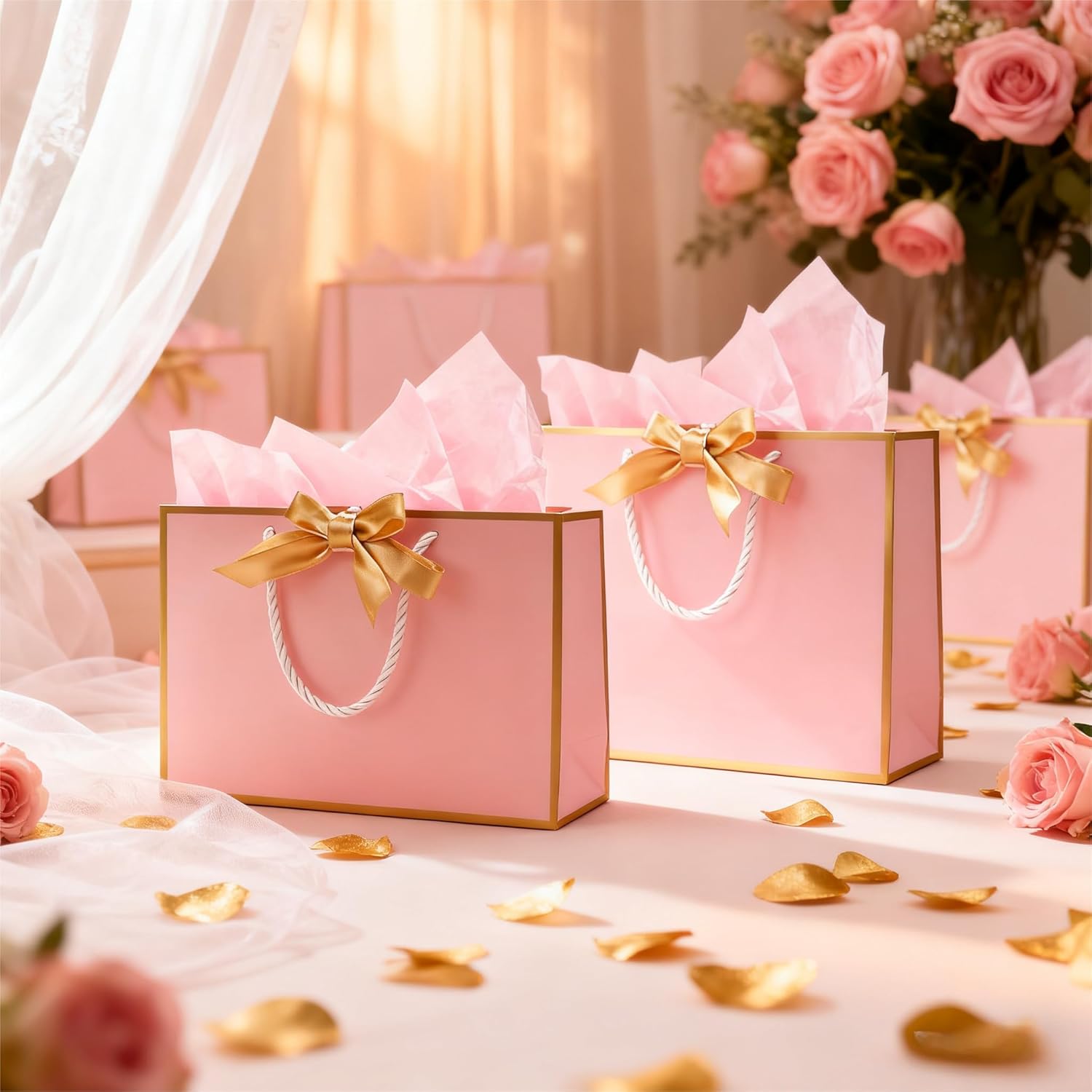 Detalle 2 de Medium Gift Bags for Present – Pink Gift Bags with Bows (10 Pack) for Women and Special Occasions