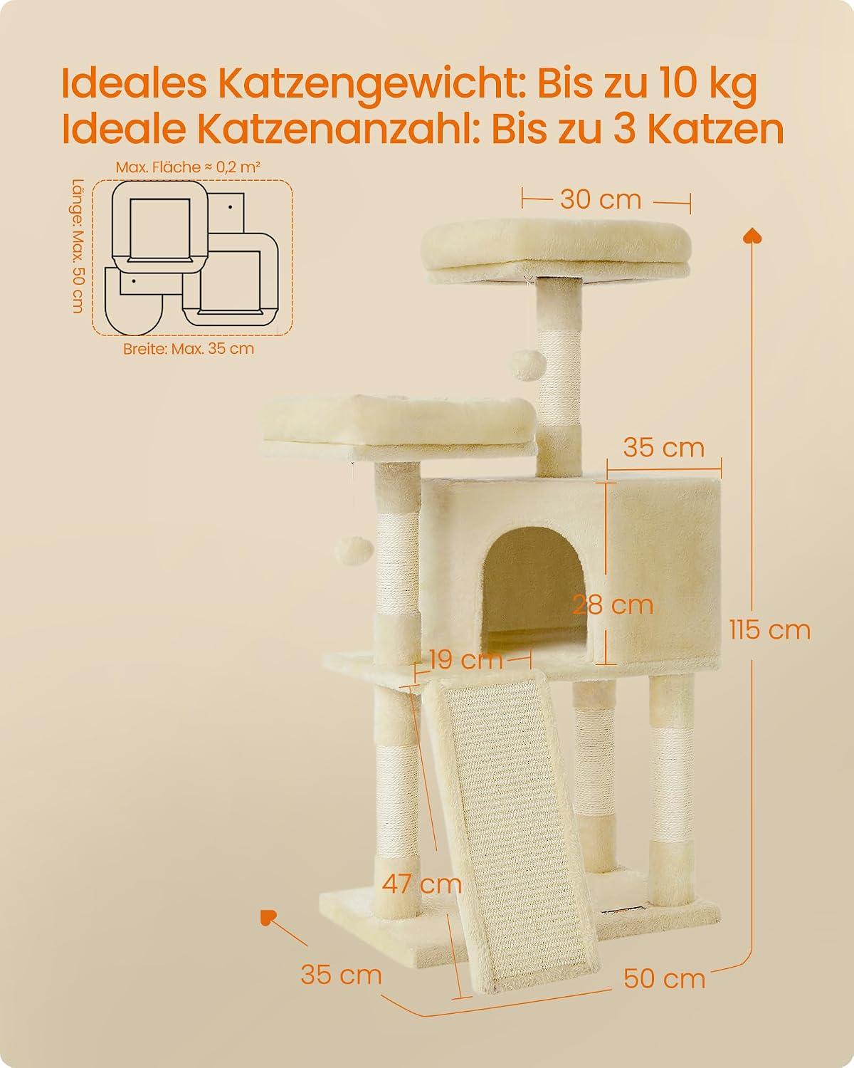 Detalle de Feandrea kleiner Kratzbaum mit Kratzbrett, Plattformen und Sisal, 115 cm (PCT141M01) – für beengte Räume