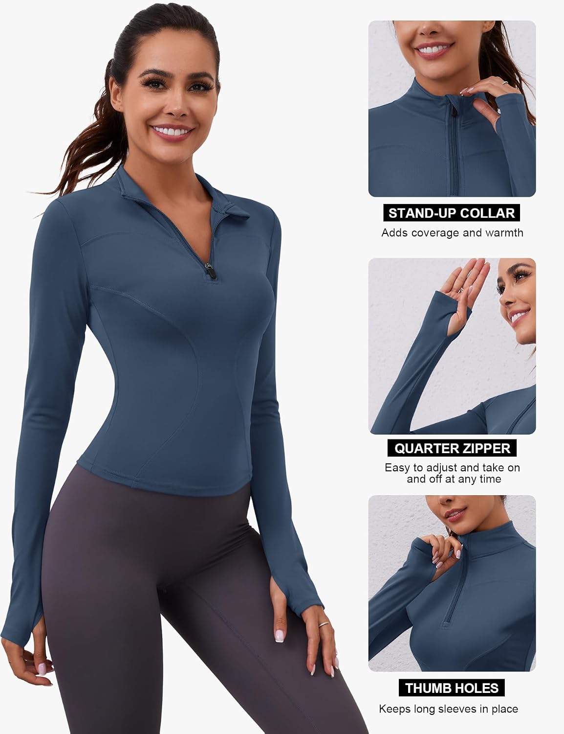 Detalle de Rapbin Women’s Long Sleeve Gym Tops 1/4 Zip with Thumb Holes (Quick Dry Slim Fit)