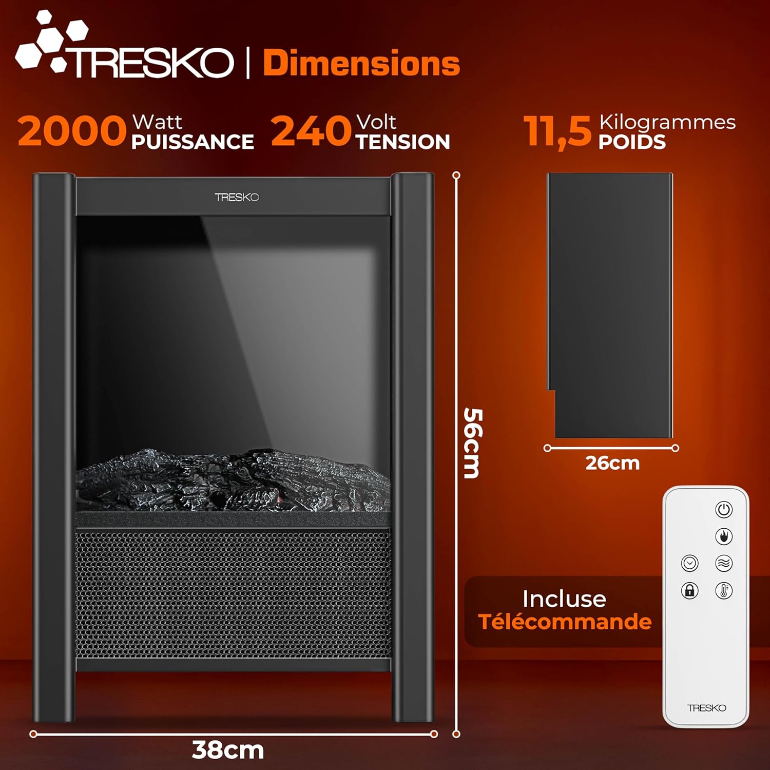 Thumbnail 1 de TRESKO Cheminée électrique 2000W – Chauffage LED 4 niveaux, WiFi App SmartLife et télécommande