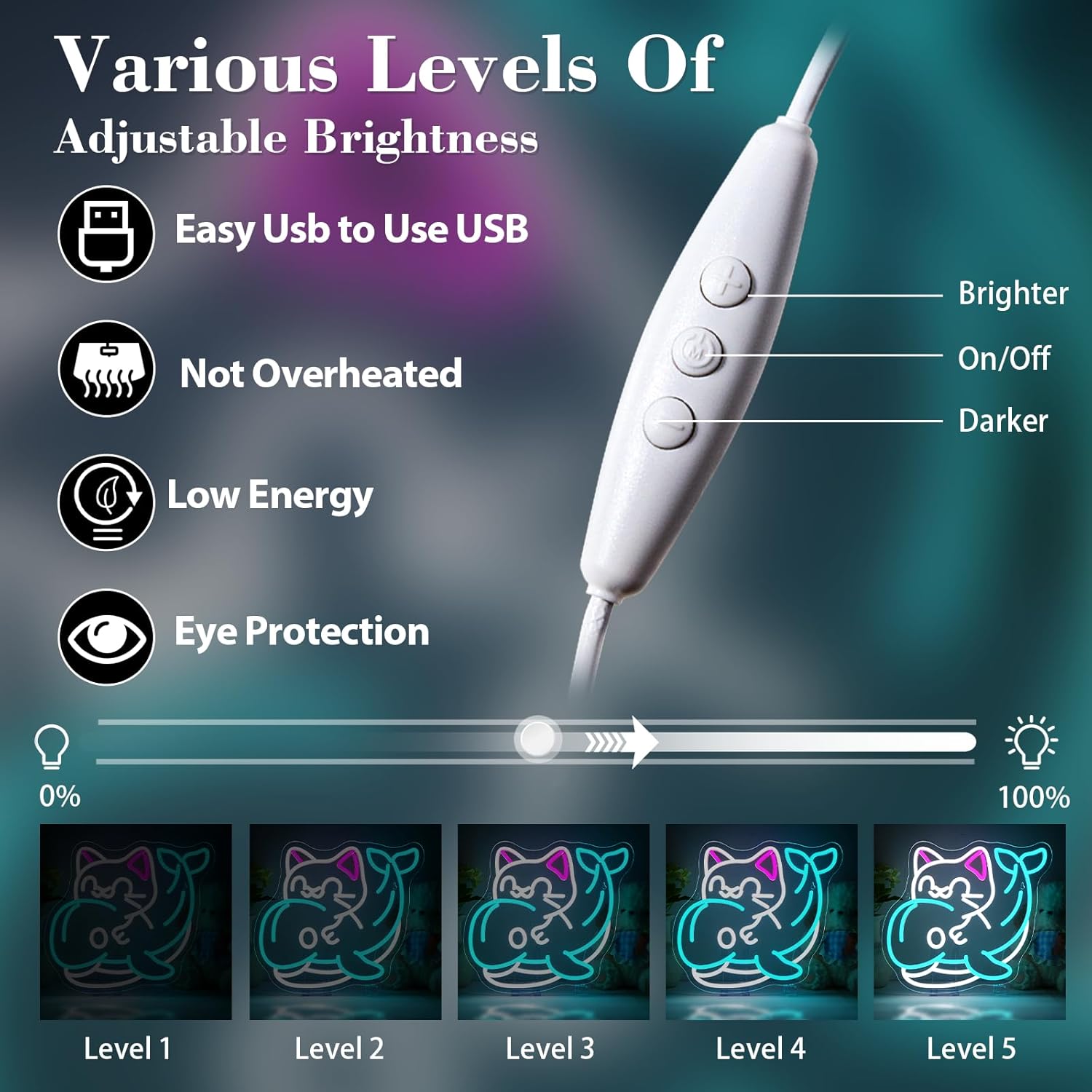 Thumbnail 3 de NOXET Kätzchen & Delphin Neon-Schild mit USB, blauem Nachtlicht für Schlafzimmer und Kinderzimmer