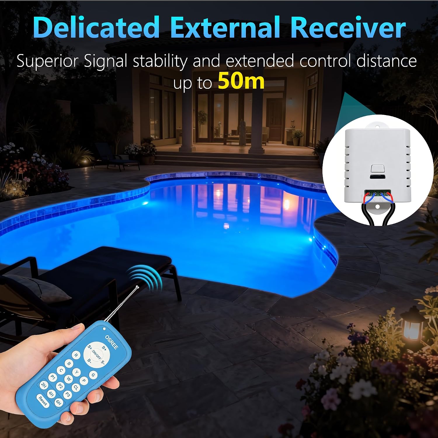 Detalle 2 de OSREE 35W Projecteur Piscine LED PAR56 Extra-Plat — Lampe de Piscine 1400lm, Étanche IP68, 12V AC/DC, Lumière Bleue