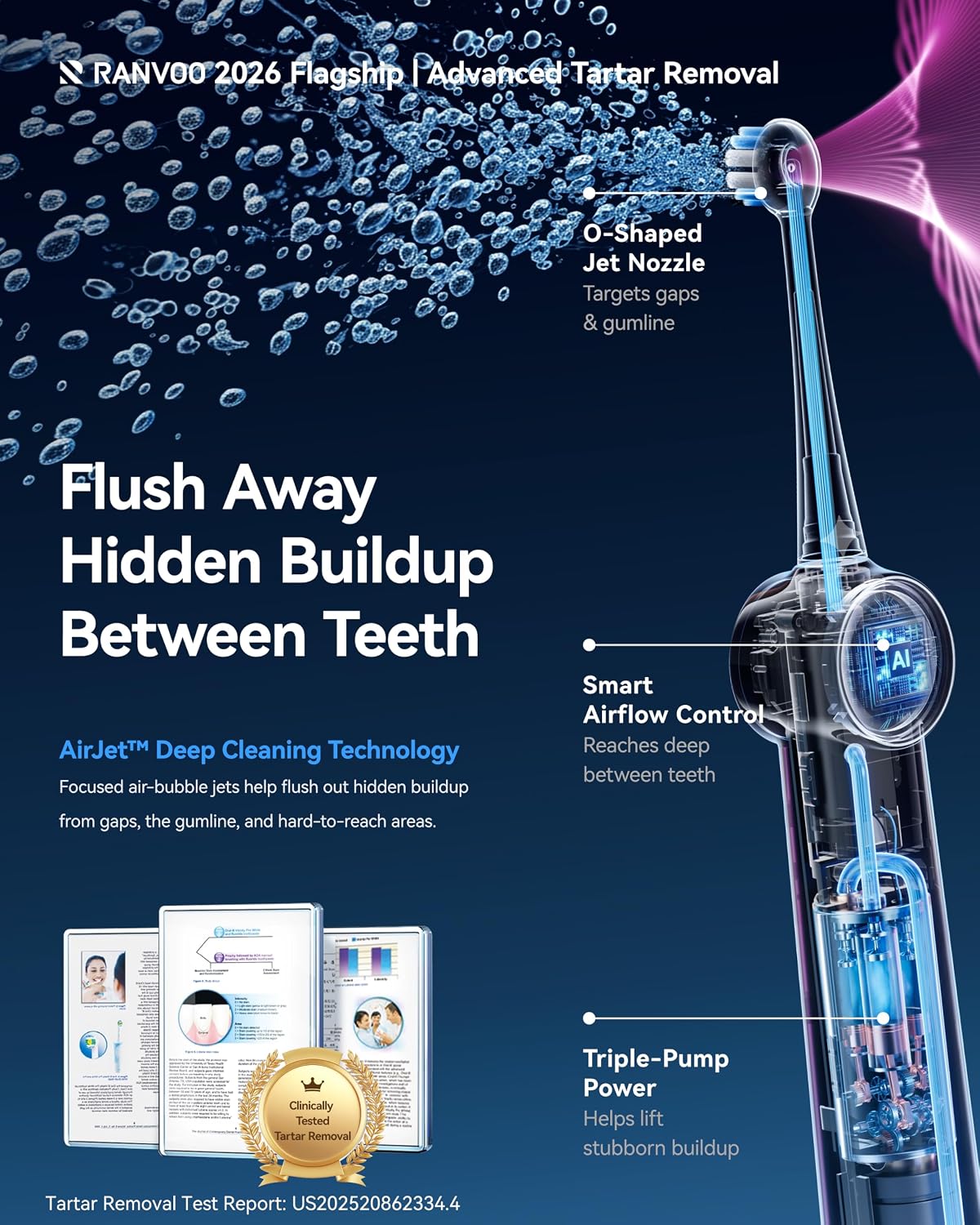 Detalle de RANVOO AirJet X5 Sonic Electric Toothbrush (AirJet Jet-Flow, 60-Day Battery, 3 Pro Brush Heads) in Space Gray