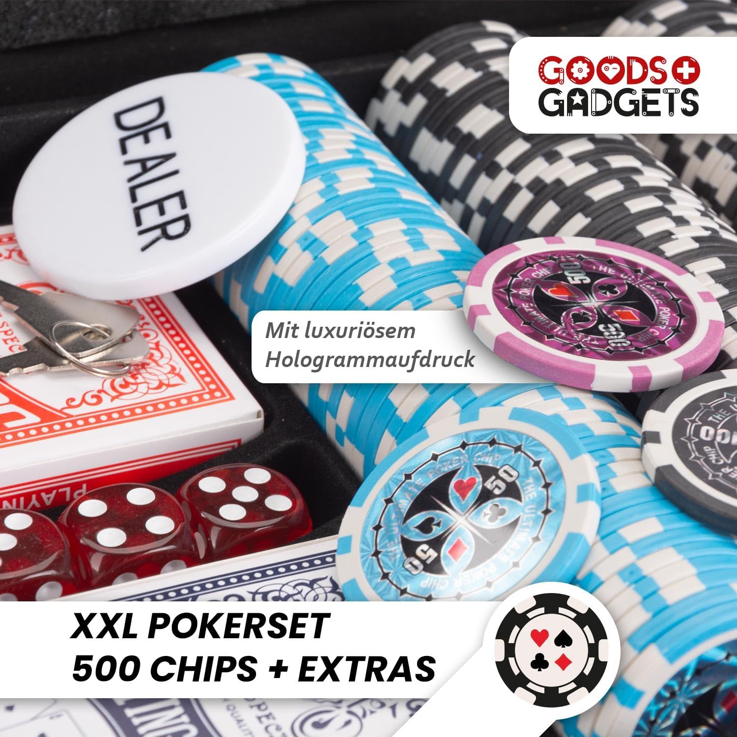 Thumbnail 6 de GOODS+GADGETS Profi Pokerkoffer Pokerset 500 – hochwertiges Casino-Set mit Aluminiumkoffer