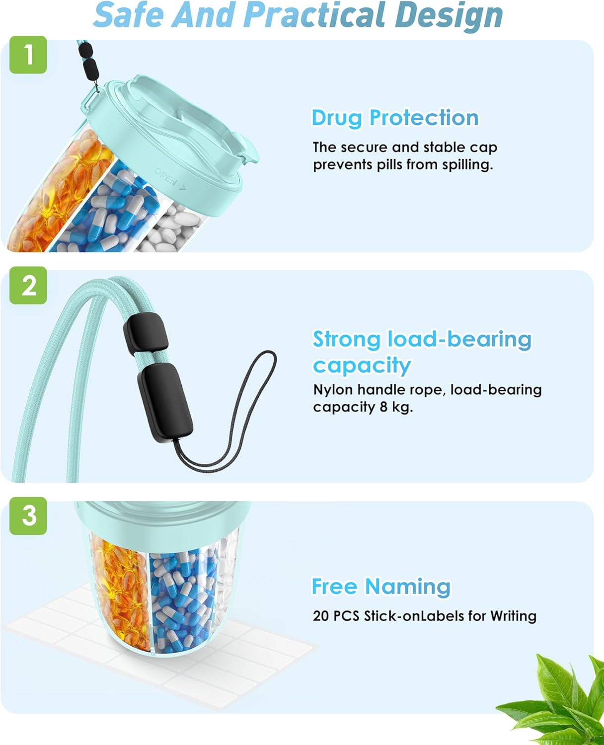 Thumbnail 6 de Portable Pill Organizer with 7 Large Compartments and Wide Opening (sticky labels included)