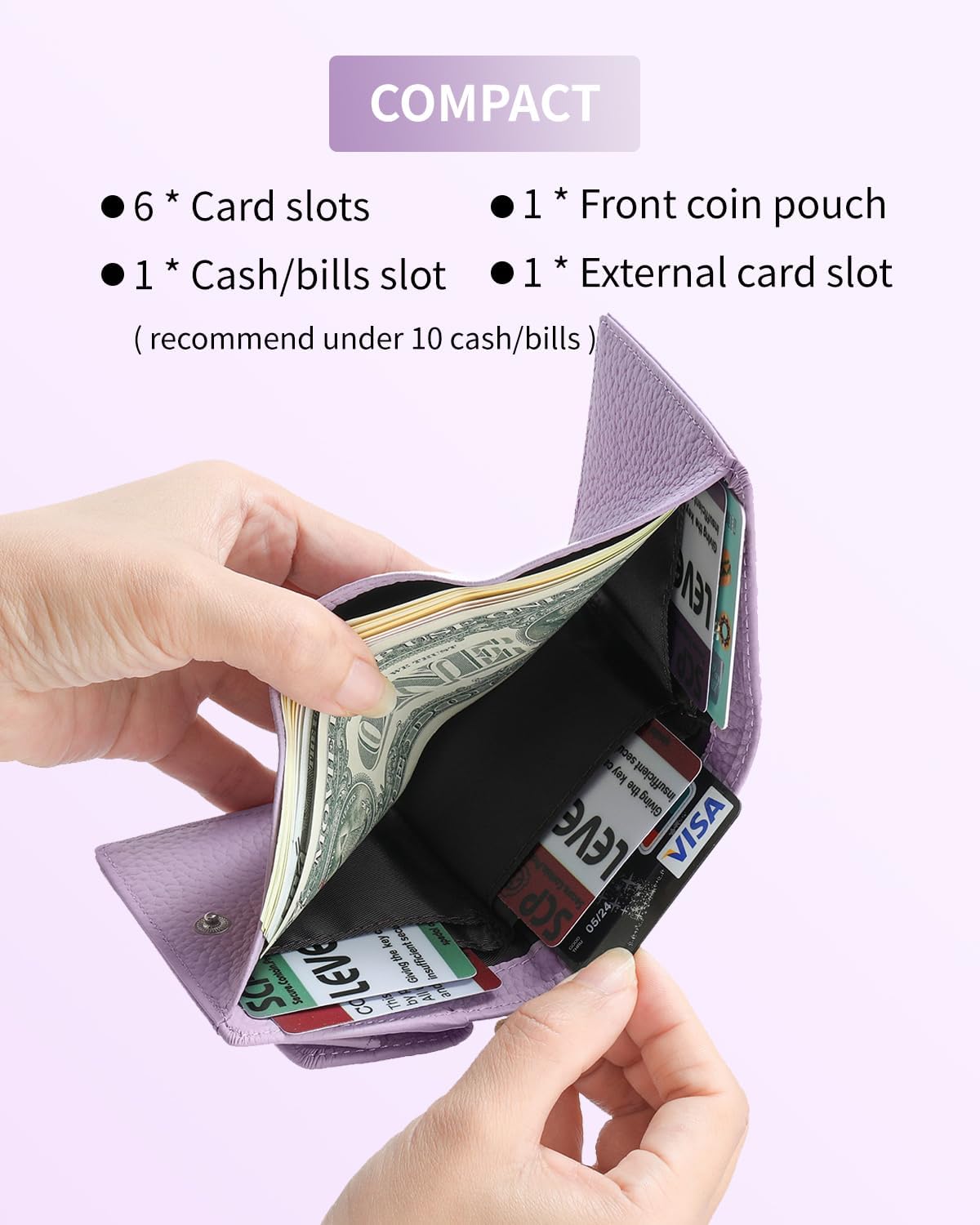 Detalle de Karmiir Piccolo portafoglio in pelle RFID da donna – mini portafoglio tre ante, viola chiaro