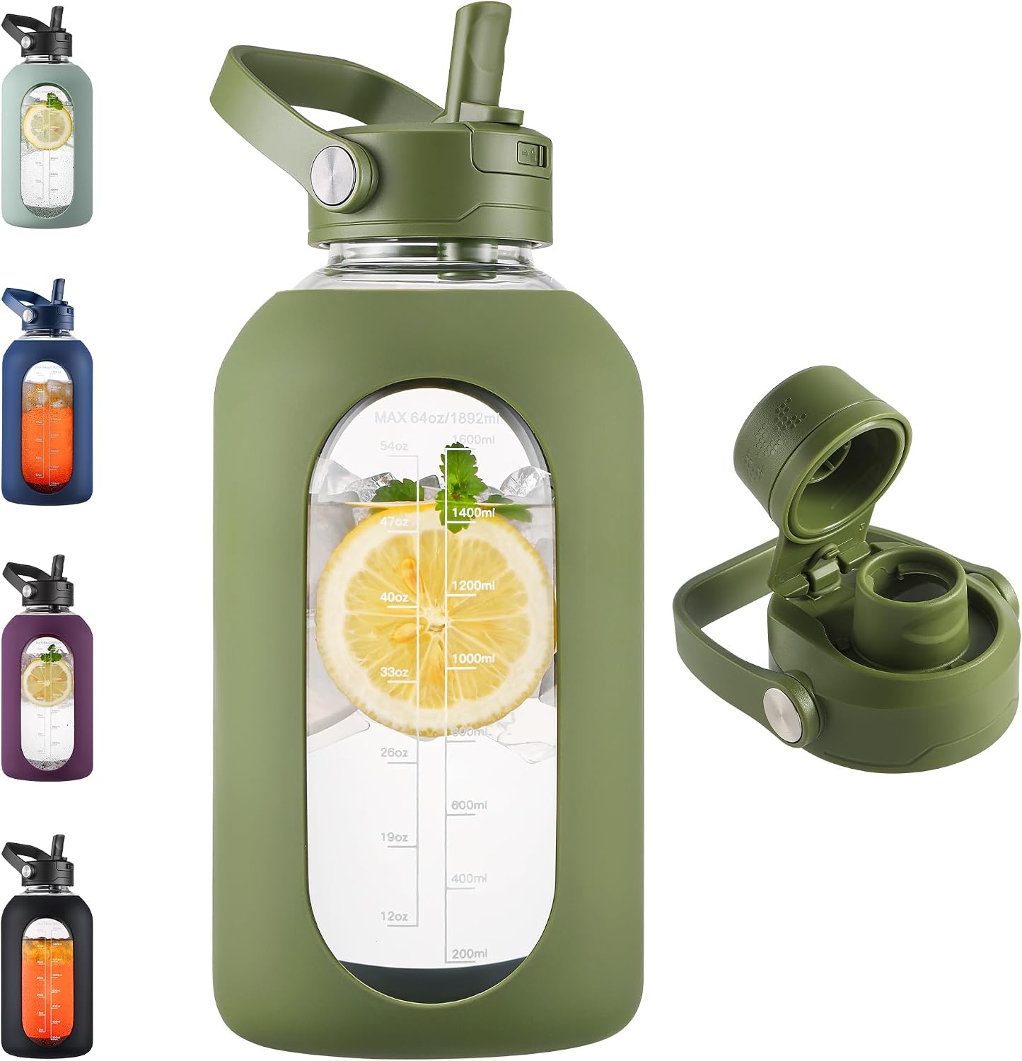 Detalle de CIVAGO GWJ64ARMY 64 oz Glass Water Bottle with Time Markings and Straw