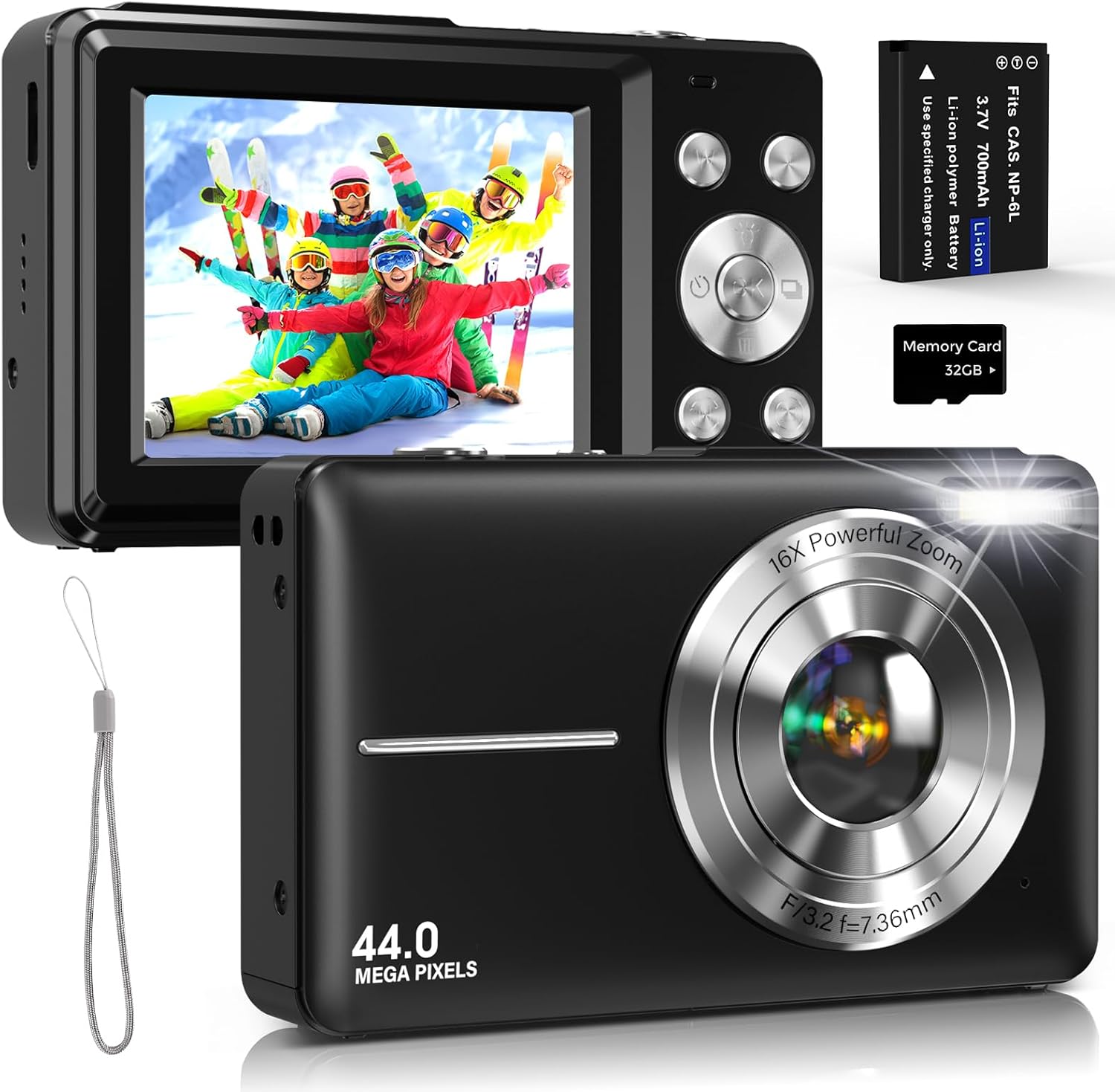Detalle de Digitalkamera Fotokamera 44MP mit 1080P HD Video, USB-Webcam-Modus, 2,4" IPS-Display und 32GB Karte – ideal für Teens und Kinder