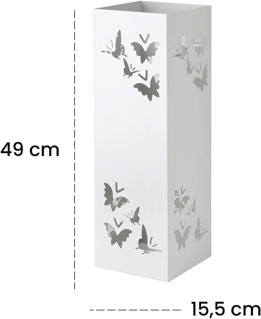 Detalle de Baroni Home Portaombrelli Quadrato in Metallo con Intagli a Forma di Farfalle – Bianco 15,5x15,5x49 cm