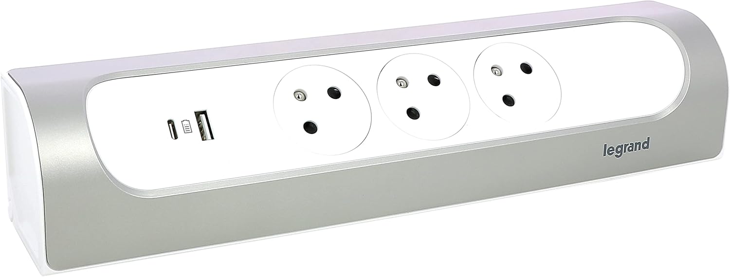 Thumbnail 3 de Legrand multiprise d’angle à câbler avec terre, 3 prises surface + USB-A/USB-C (blanc et alu)