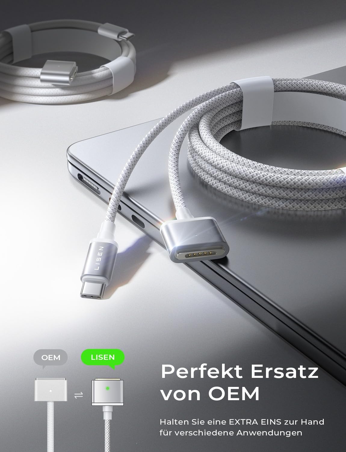 Thumbnail 1 de LISEN USB-C auf MagSafe 3 Kabel 2 m, 140W PD – Magnetisches Ladekabel für MacBook Pro/Air (M2/M3/M4/M5, 2022–2023) silbergrau