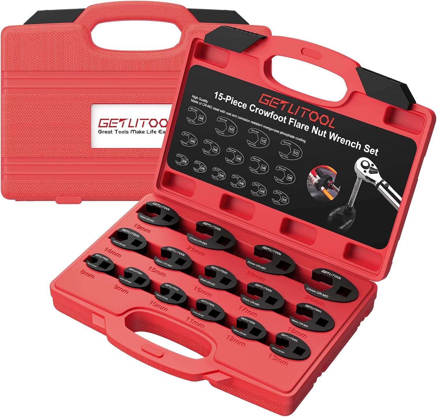 Detalle de GETLITOOL GET092-EU-A crowfoot-steeksleutelset, 15-delig, Cr-Mo, 8–24 mm