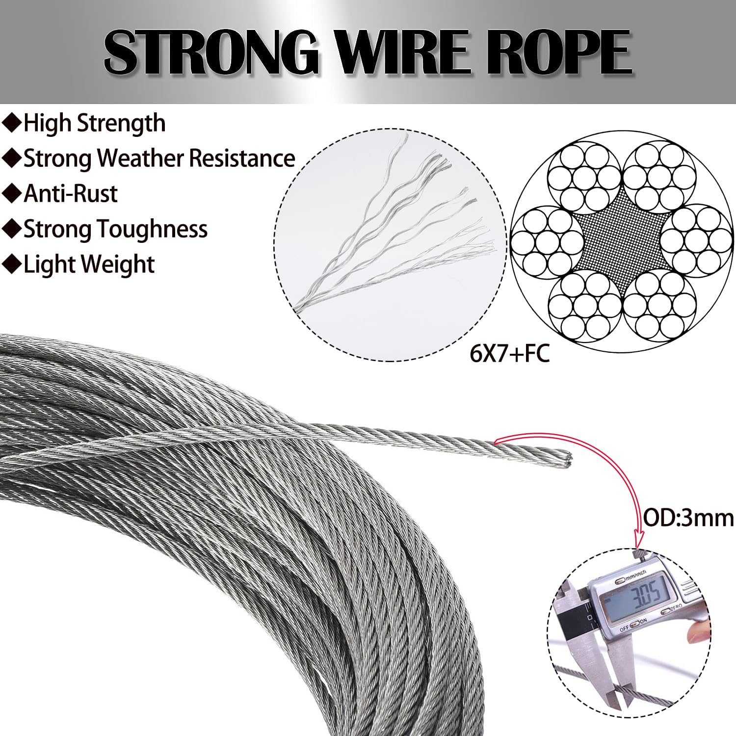 Detalle 2 de Cable de acero galvanizado 3 mm 30 m para tender