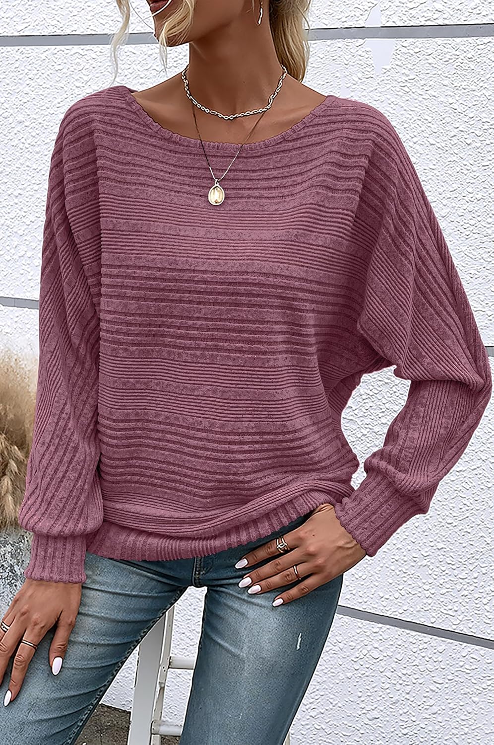 Detalle 2 de RICHSTORY Women's Tunic Sweater, Crew Neck Batwing Sleeves, Lightweight Knit