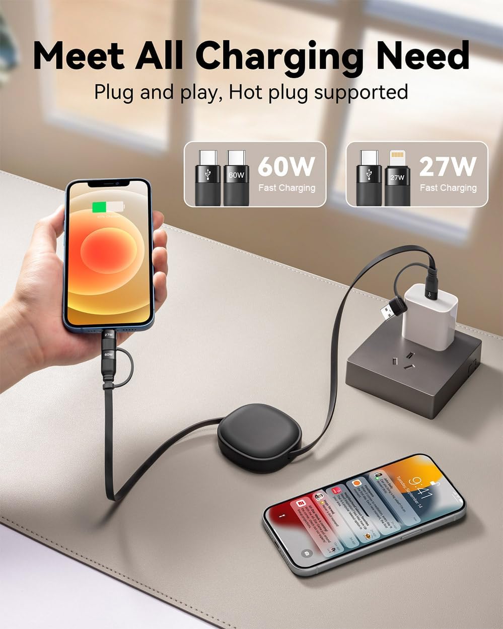 Detalle 2 de Minlu 5‑in‑1 Retractable USB Charging Cable 60W 🔌