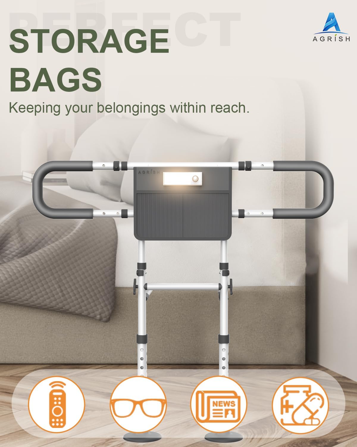 Thumbnail 5 de Agrish Bed Guard for Elderly Adults with Motion Sensor Light and Storage Pouch – Adjustable Safety Rail for Seniors