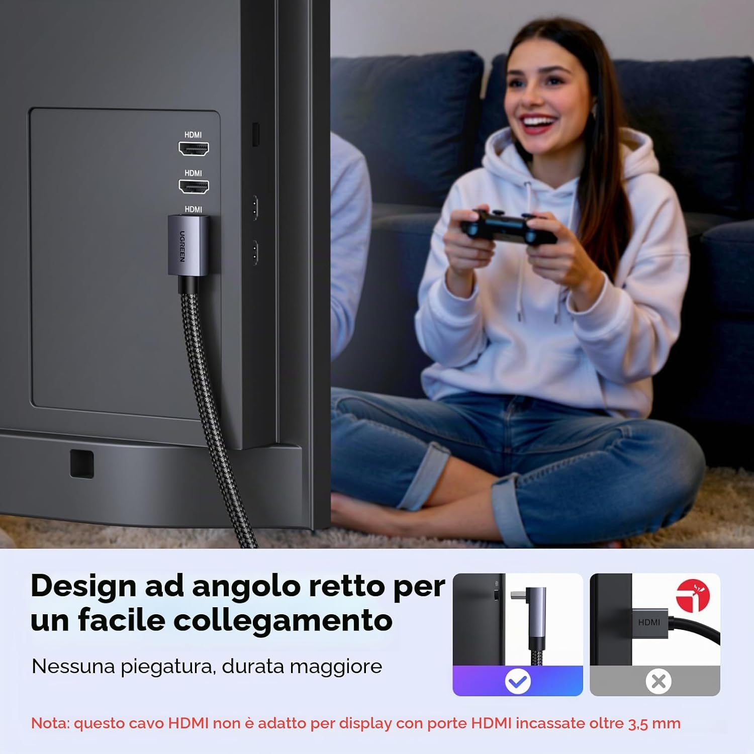 Detalle 2 de UGREEN Cavo HDMI 2.1 Curvo 90° 8K 60Hz, 10K 8K, 4K 240Hz, Alluminio e Treccia Nylon - 3m