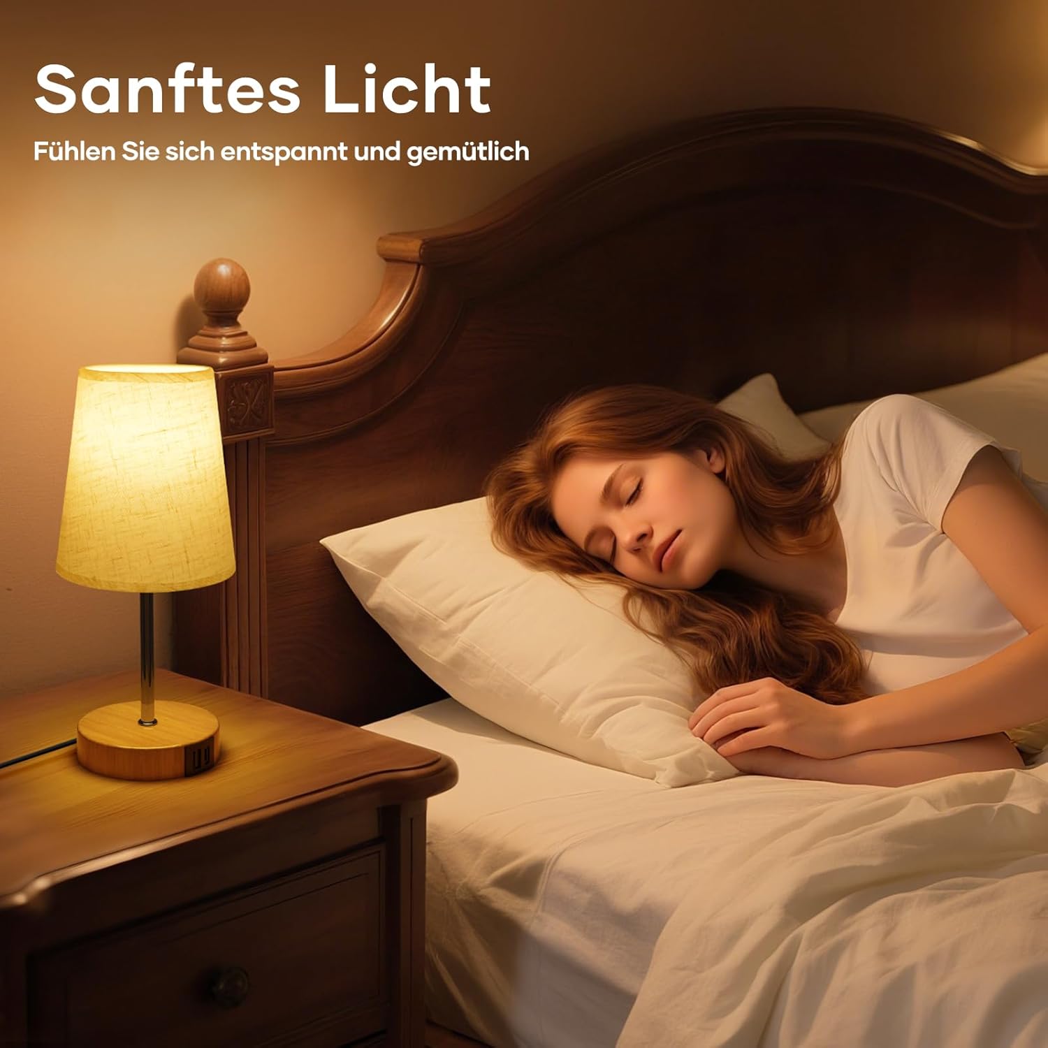 Thumbnail 4 de Suright Nachttischlampe Touch Dimmbar mit USB-Ladeanschlüssen – Leinen-Lampenschirm, Holzsockel, LED inklusive