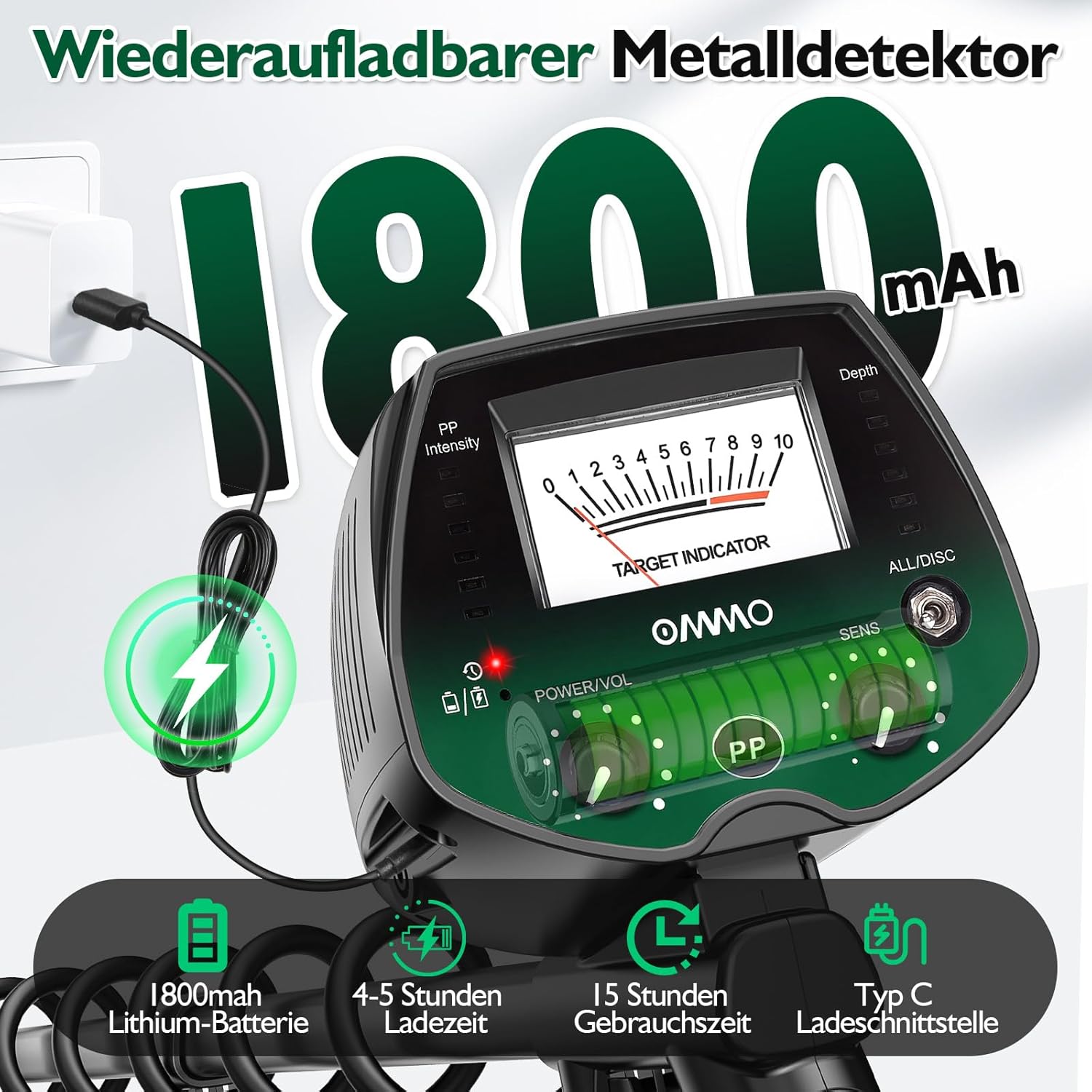Detalle 2 de OMMO Metal Detector ricaricabile 1800mAh