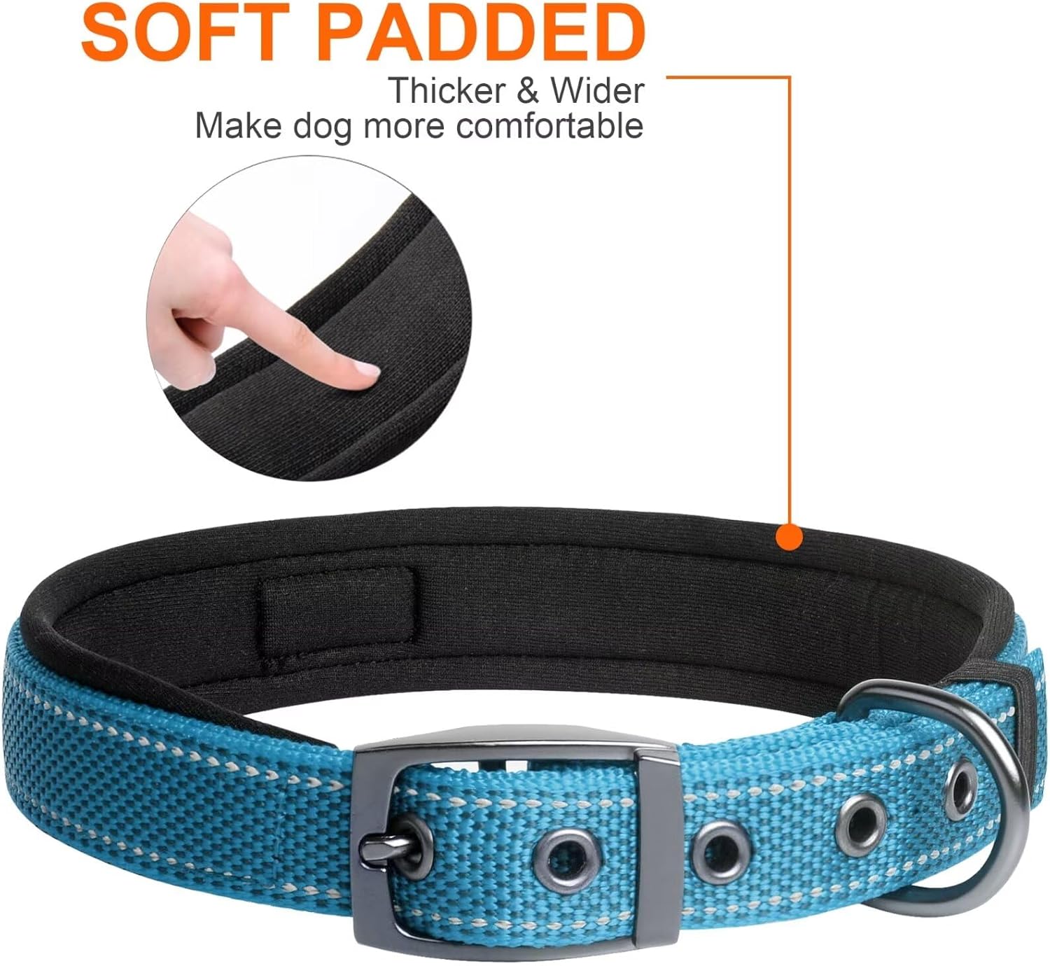 Detalle de Fida Padded Dog Collar with Metal Belt Buckle – Heavy Duty Double-Layer Webbing (Blue)