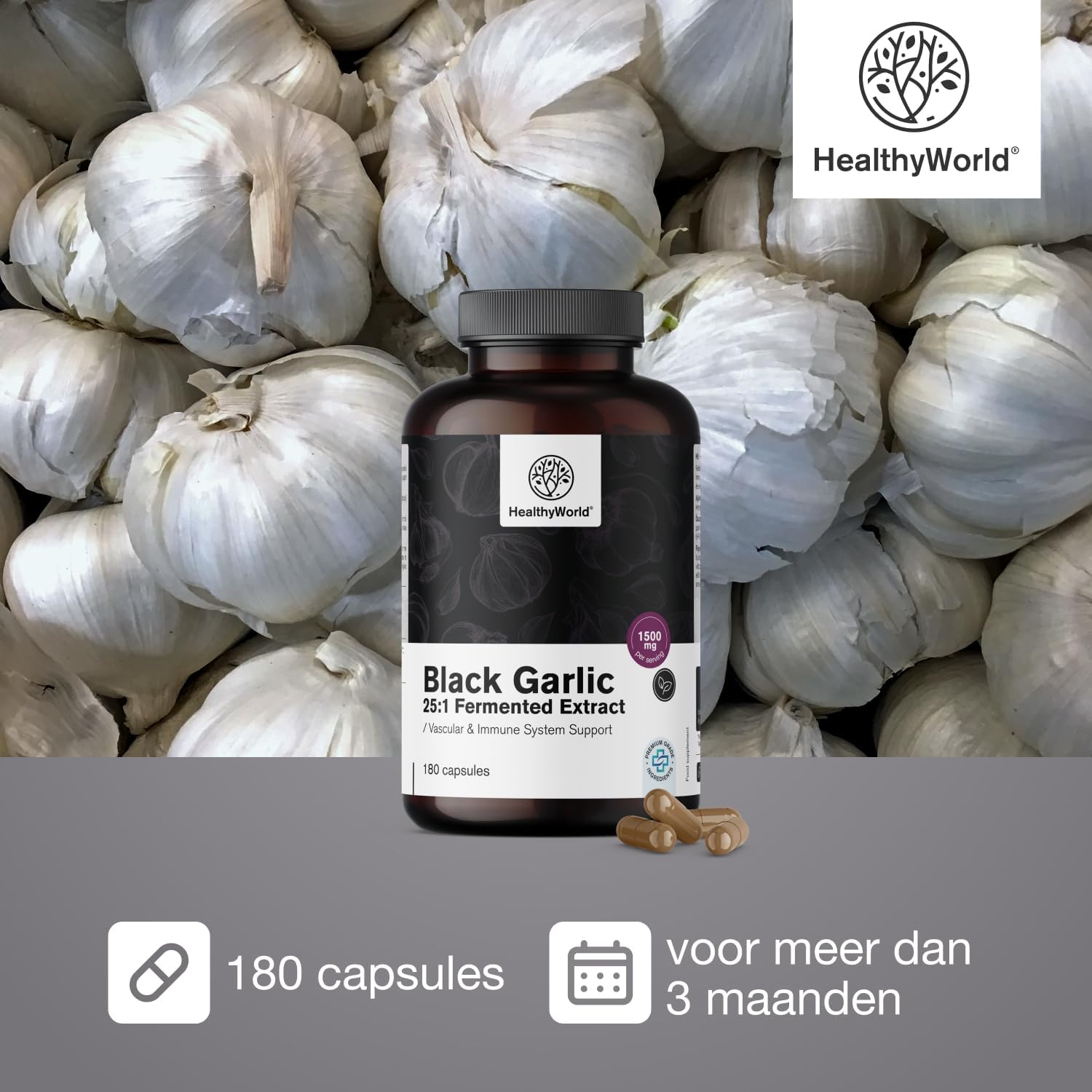 Detalle 1 de HealthyWorld Zwarte knoflook 1500 mg, 180 capsules, extract 25:1