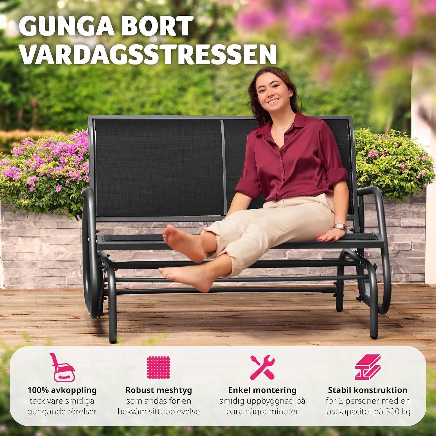 Detalle de tectake Greta gungbänk för två med pulverlackerad stålram och nätväv