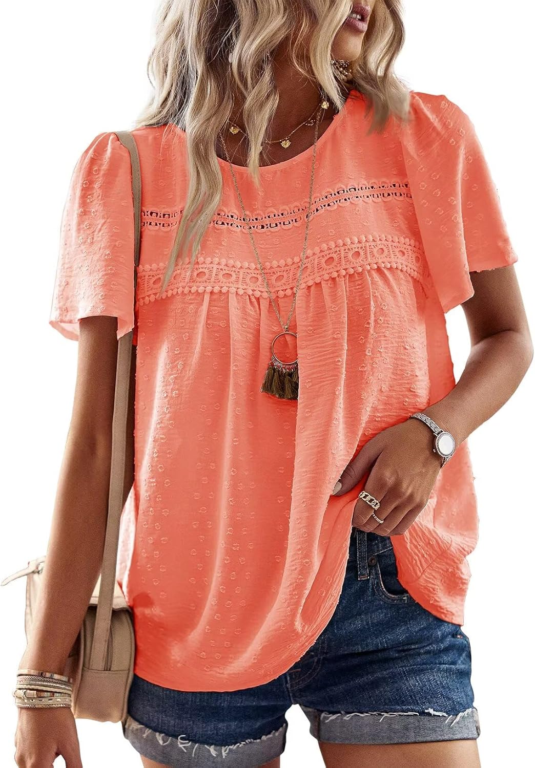 Detalle de Falechay Women’s Boho Summer Crew Neck Crochet Lace Blouse (Short Sleeve)