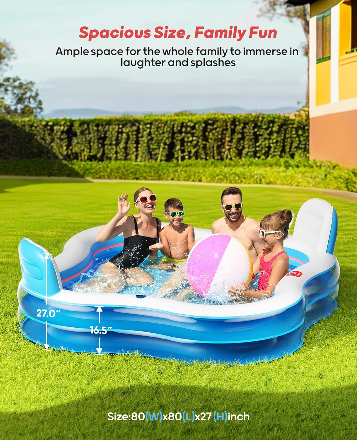 Detalle de QPAU Inflatable Pool with 2 Seats and Backrests (80" x 80" x 27")