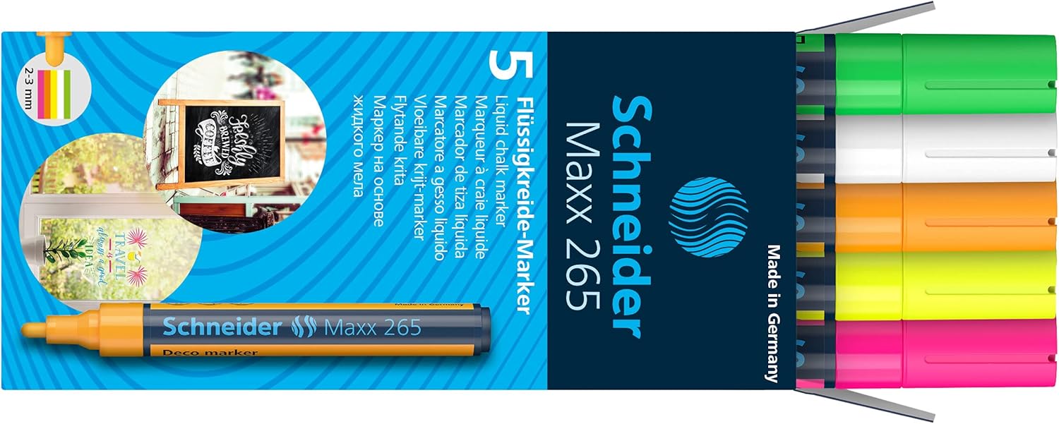 Thumbnail 1 de Schneider Maxx 265 Kreidestift Set (2–3 mm) – wasserbasierter, geruchsneutraler Flüssig-Kreidestift, 5 Stück sortiert