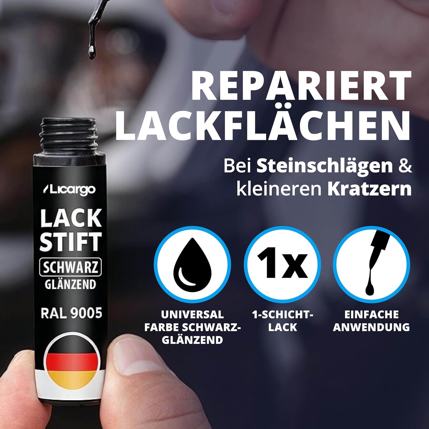 Thumbnail 1 de LICARGO Lackstift Schwarz Glänzend 12 ml – Deckkraft für Steinschläge & Kratzer im Lack