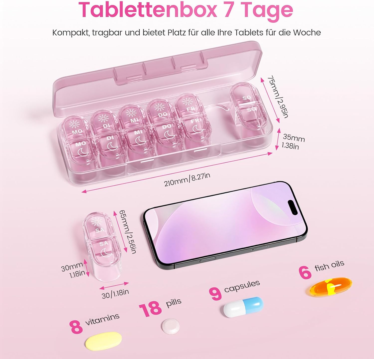 Detalle de Daviky Pillendose 7 Tage – kompakte Wochenbox für Morgens & Abends, BPA-frei, lichtundurchlässig, 180° Deckel
