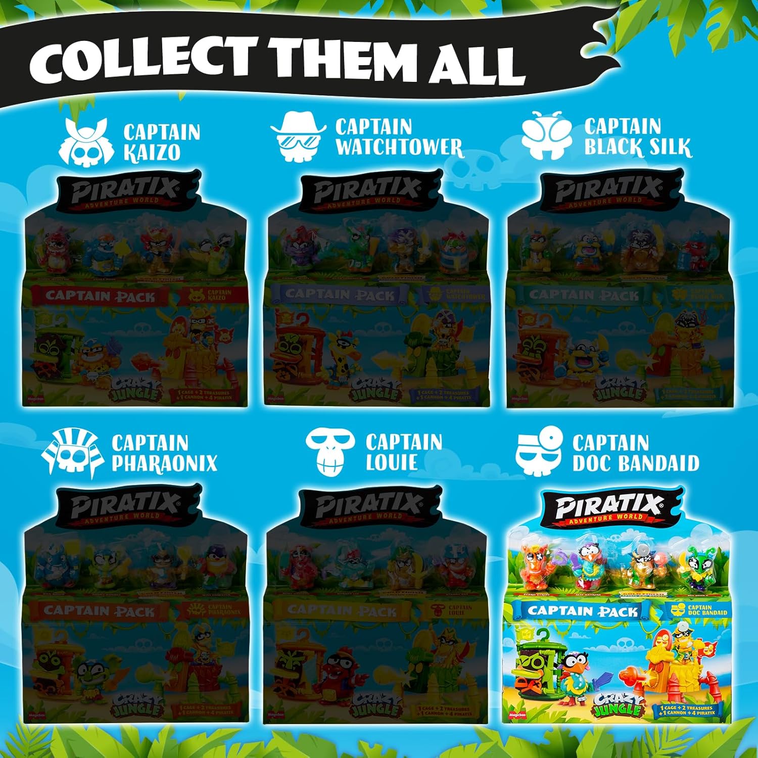 Thumbnail 3 de PIRATIX ADVENTURE WORLD Crazy Jungle Captain Pack „Doc Bandaid“ – Captain-Dock mit Neon-Accessoires (enthält 4 Piratix)