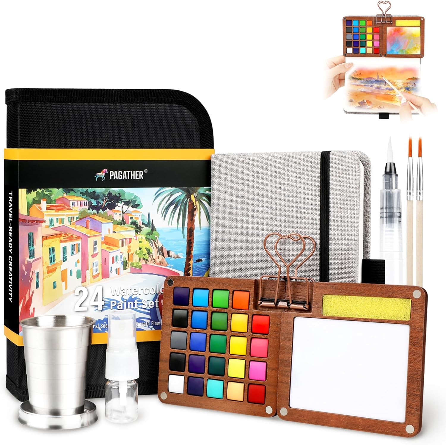 Detalle de Pagather 24 Colors Mini Watercolor Travel Set: Portable All-in-One Kit for Creatives