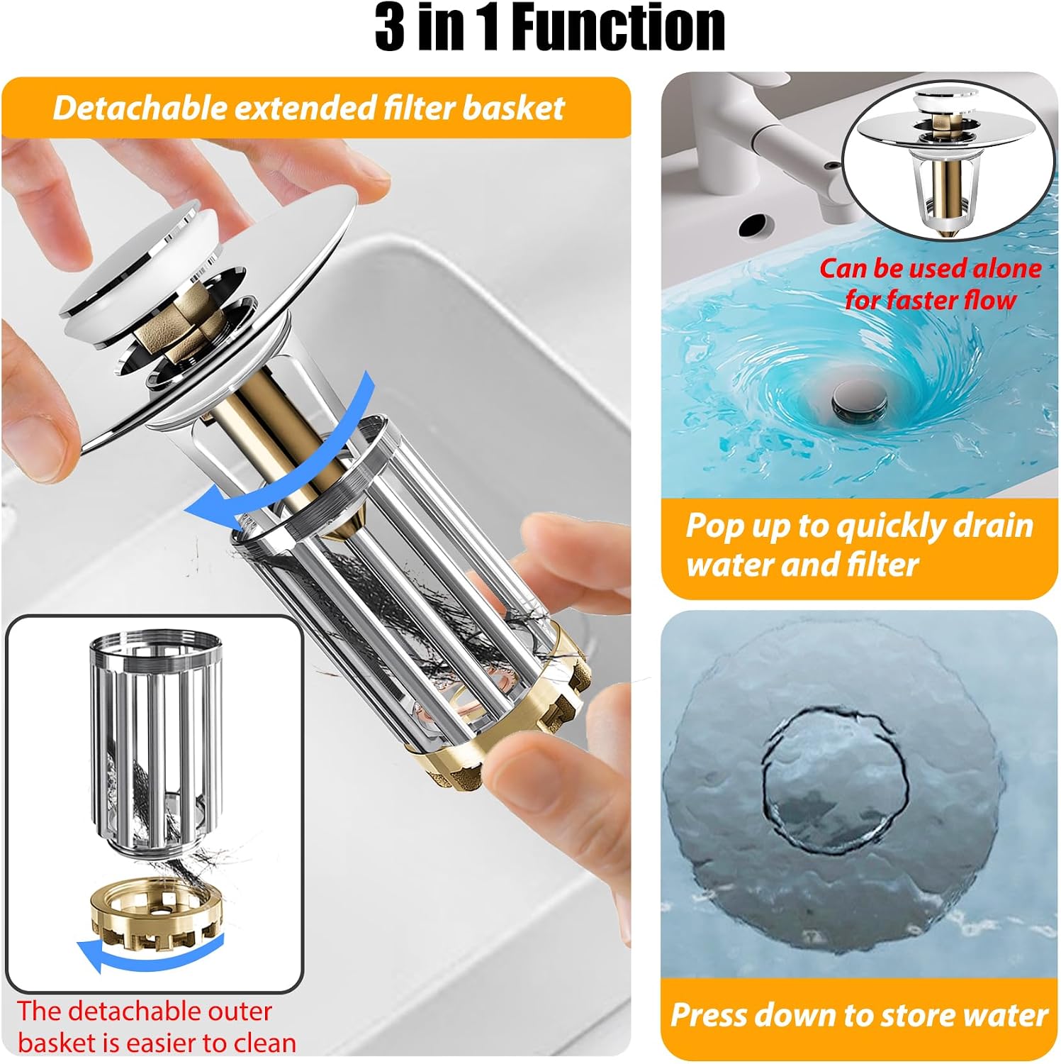 Detalle 1 de Anlige Bathroom Sink Drain Strainer, 3-in-1 Pop-Up Stopper, Chrome Silver