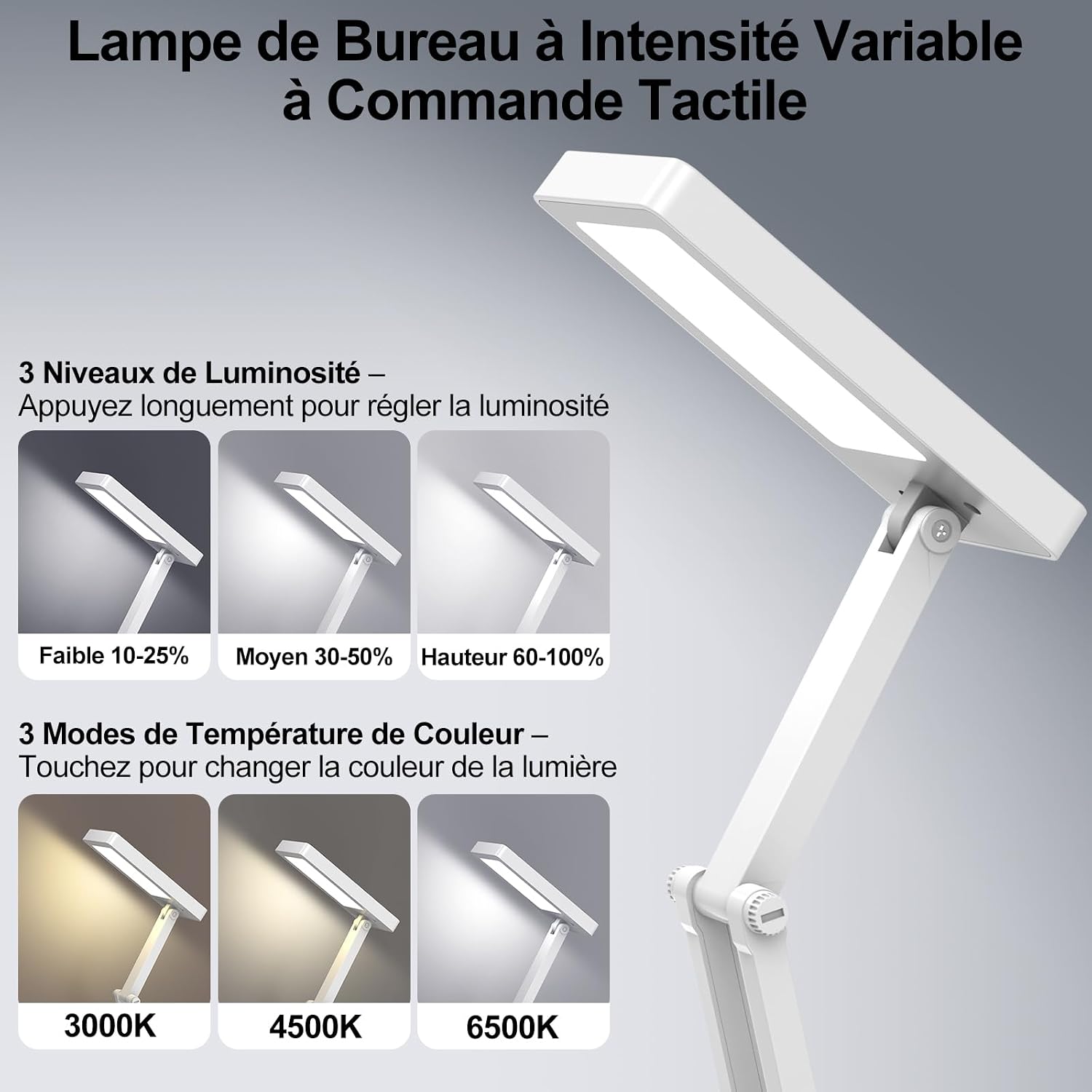 Detalle de Suright Lampe de Bureau Sans Fil LED – Portable, pliable et réglable, 3 niveaux de luminosité et 3 températures