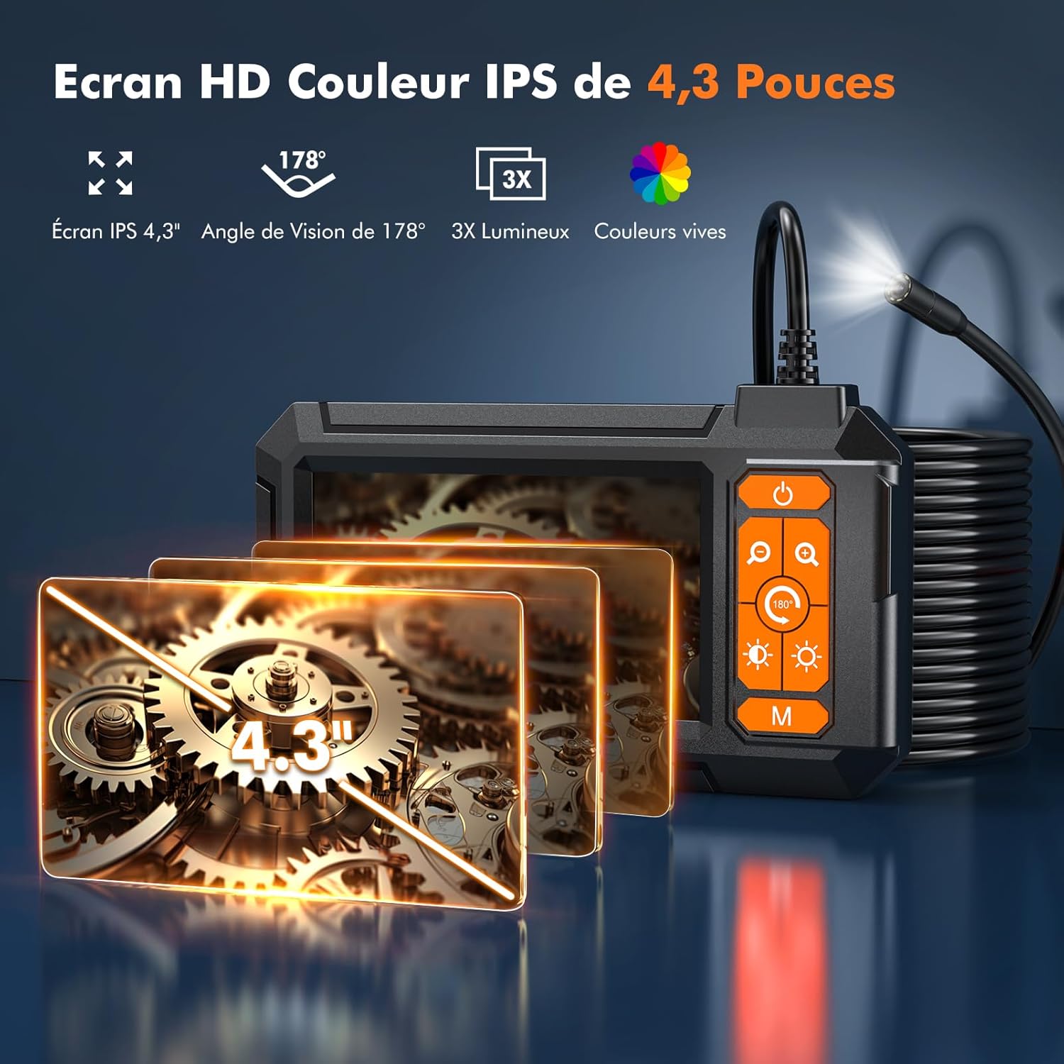 Thumbnail 2 de iWarmbase Caméra endoscopique 4,3" 1080 HD avec 8 LED réglables, câble semi-rigide 5 m, IP67, batterie 2600 mAh